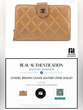 CHANEL Tan Quilted Caviar Leather wallet with CC Snap